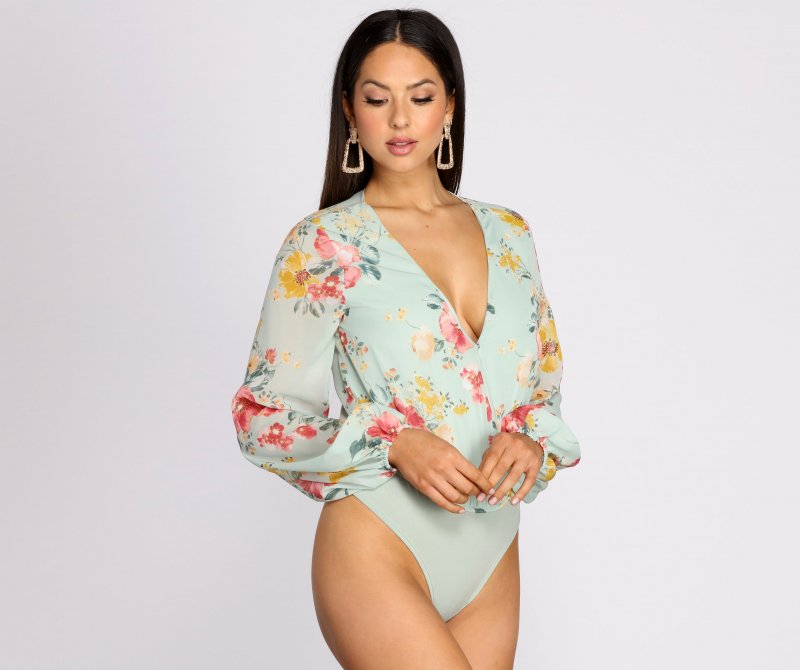 TableClothsUs Poised In Petals Floral Chiffon Bodysuit