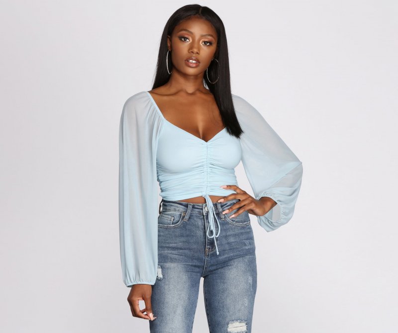 TableClothsUs Float On Balloon Sleeve Mesh Crop Top